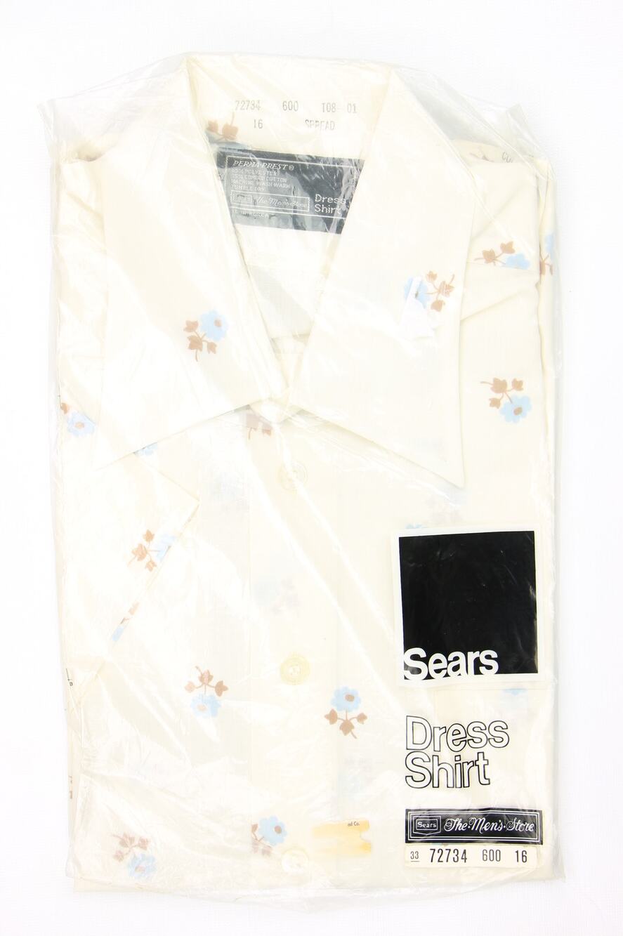 70s Vintage Sears Blue Flower Print Retro Mod Hippie Novelty Dress Shirt